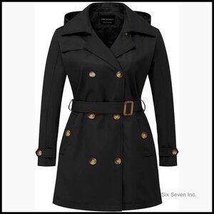 Plus Size Trench Coat Double-Breasted Belted Detachable Hood Water-Repellent
